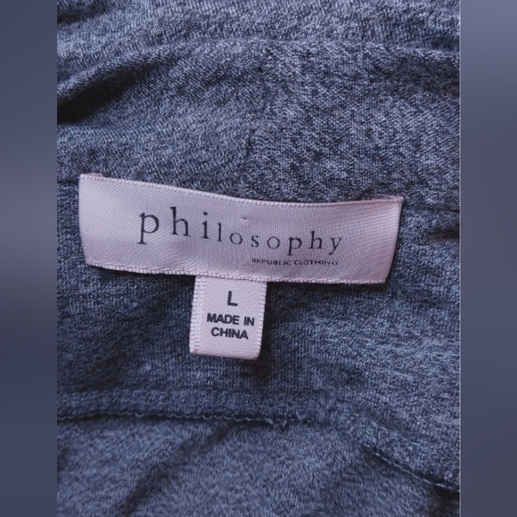 Philosophy Wrap Cardigan Gray Faux Leather Shoulder Patches Size Large Open Knit - Picture 7 of 11